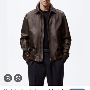 Zara Men's Dark Brown Leather Bomber Jacket
